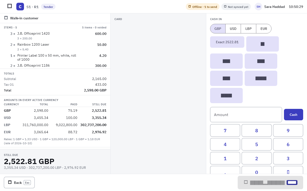 The CertiPOS tender screen: the ticket column with every line, the totals, the amounts in every active currency and the cash panel